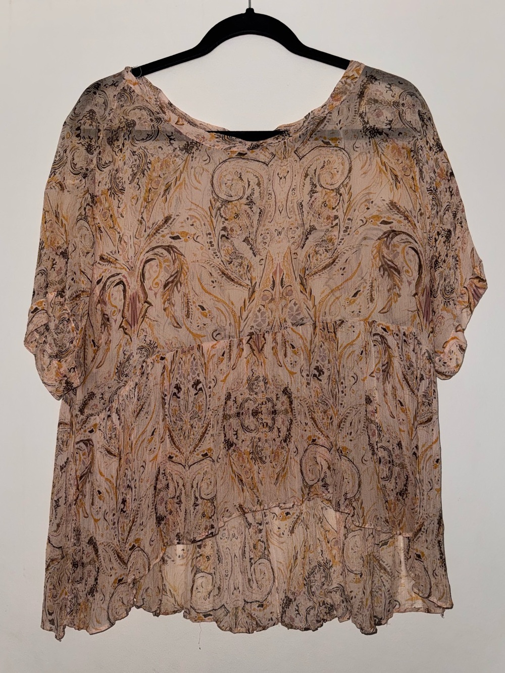 Free People Sheer Paisley Short-Sleeve Blouse - Neutral Pink/Tan